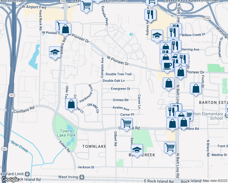 map of restaurants, bars, coffee shops, grocery stores, and more near 3908 Evergreen Street in Irving