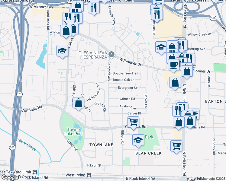 map of restaurants, bars, coffee shops, grocery stores, and more near 4014 Evergreen Street in Irving