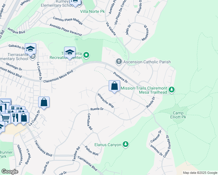 map of restaurants, bars, coffee shops, grocery stores, and more near 4503 Calle De Vida in San Diego