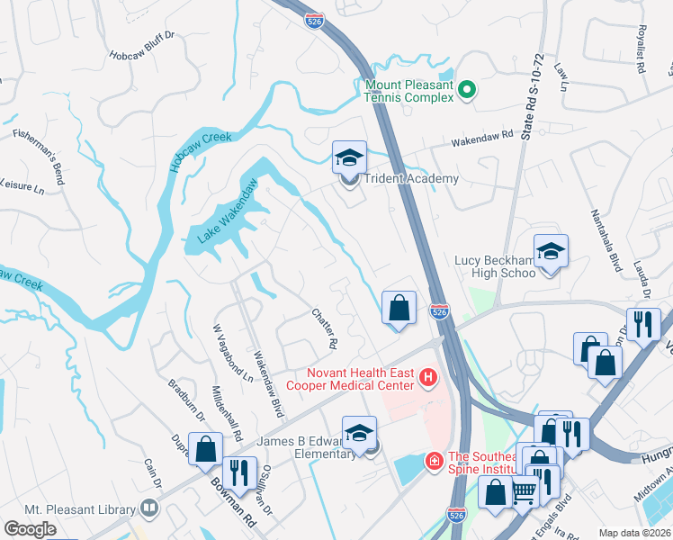 map of restaurants, bars, coffee shops, grocery stores, and more near 641 Serotina Court in Mount Pleasant