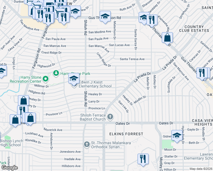 map of restaurants, bars, coffee shops, grocery stores, and more near 2927 Hillglenn Road in Dallas