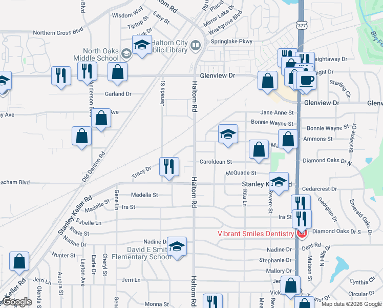 map of restaurants, bars, coffee shops, grocery stores, and more near 5009 Caroldean Court in Fort Worth