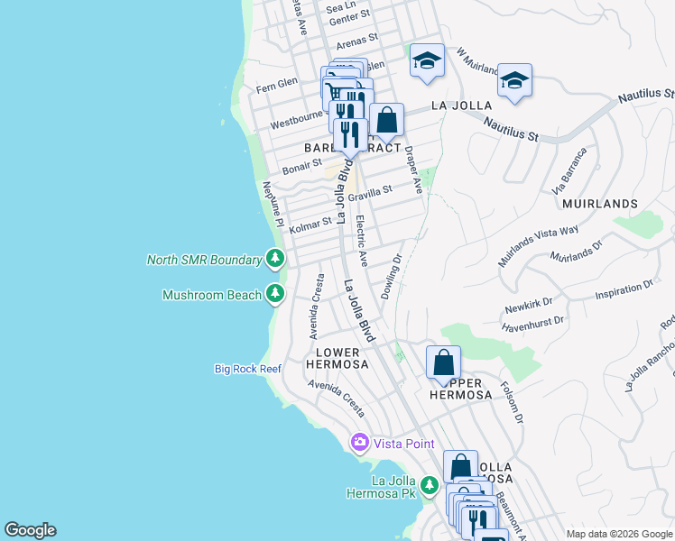 map of restaurants, bars, coffee shops, grocery stores, and more near 6455 La Jolla Boulevard in San Diego