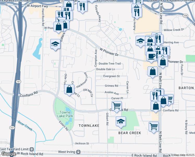 map of restaurants, bars, coffee shops, grocery stores, and more near 4048 Evergreen Street in Irving