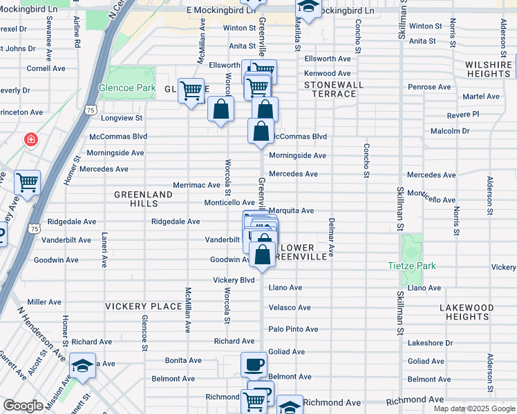 map of restaurants, bars, coffee shops, grocery stores, and more near 5630 Monticello Avenue in Dallas