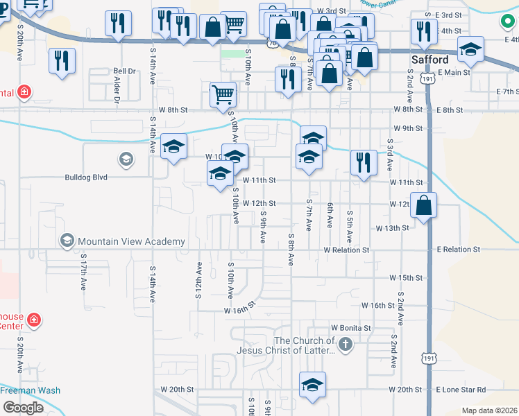 map of restaurants, bars, coffee shops, grocery stores, and more near 1208 South 9th Avenue in Safford