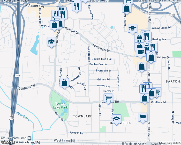 map of restaurants, bars, coffee shops, grocery stores, and more near 4054 Evergreen Street in Irving