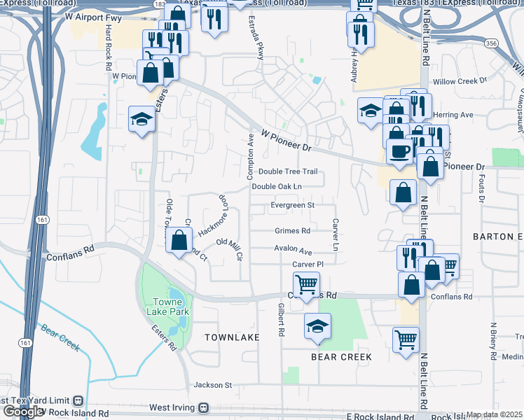 map of restaurants, bars, coffee shops, grocery stores, and more near 4014 Evergreen Street in Irving