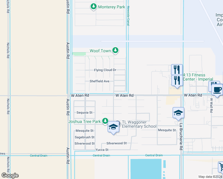 map of restaurants, bars, coffee shops, grocery stores, and more near 2428 Earhart Court in Imperial