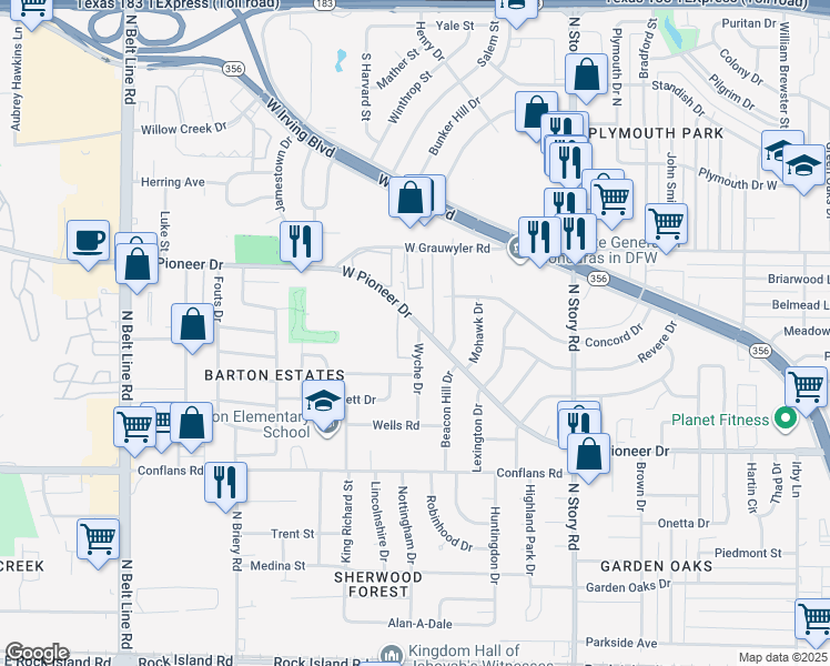 map of restaurants, bars, coffee shops, grocery stores, and more near 2800 Wyche Drive in Irving