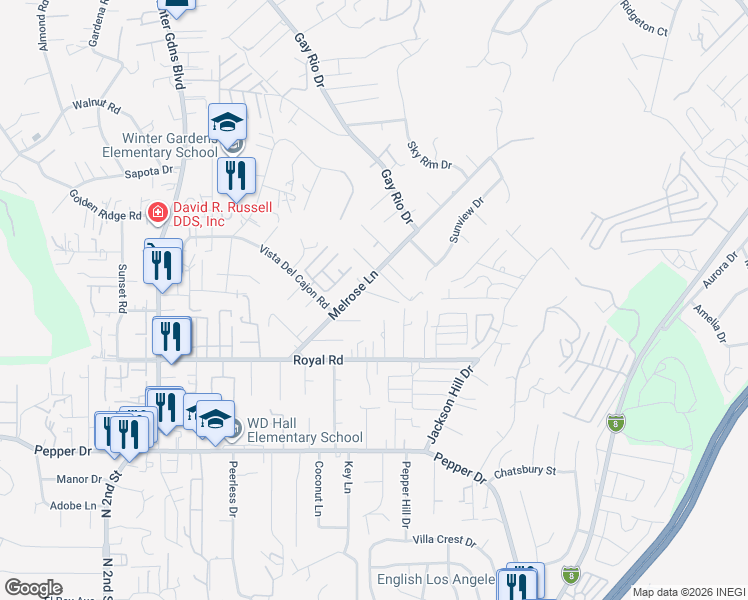 map of restaurants, bars, coffee shops, grocery stores, and more near 8245 Melrose Lane in El Cajon