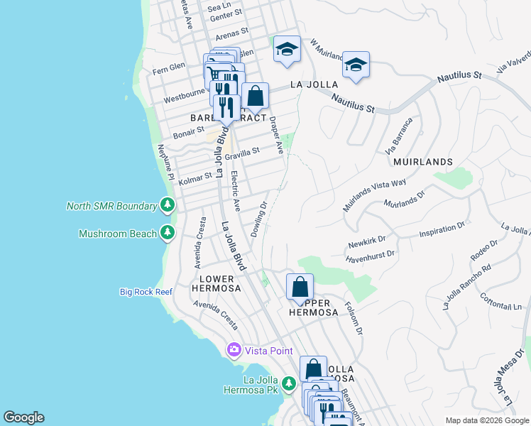 map of restaurants, bars, coffee shops, grocery stores, and more near 6411 Dowling Drive in San Diego