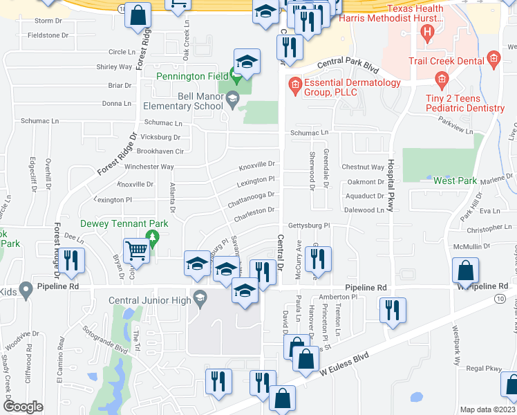 map of restaurants, bars, coffee shops, grocery stores, and more near 2005 Charleston Drive in Bedford