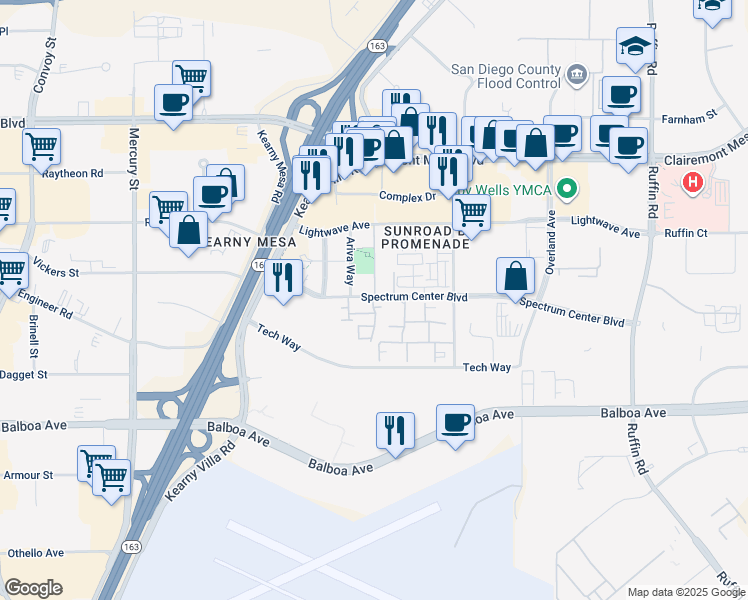 map of restaurants, bars, coffee shops, grocery stores, and more near 31 Spectrum Center Boulevard in San Diego