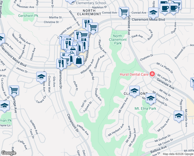 map of restaurants, bars, coffee shops, grocery stores, and more near 4527 Donald Avenue in San Diego