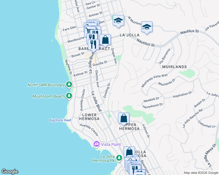 map of restaurants, bars, coffee shops, grocery stores, and more near 6411 Dowling Drive in San Diego