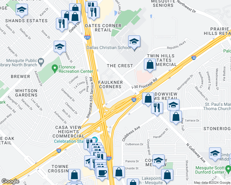 map of restaurants, bars, coffee shops, grocery stores, and more near 4743 North Galloway Avenue in Mesquite