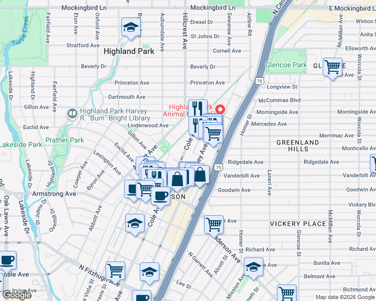 map of restaurants, bars, coffee shops, grocery stores, and more near 4719 Cole Avenue in Dallas