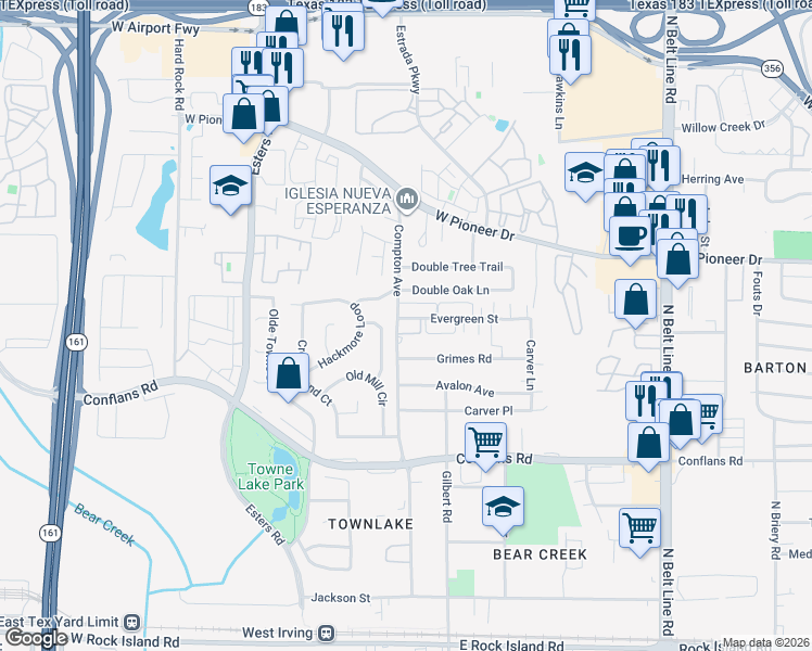 map of restaurants, bars, coffee shops, grocery stores, and more near 4040 Evergreen Street in Irving