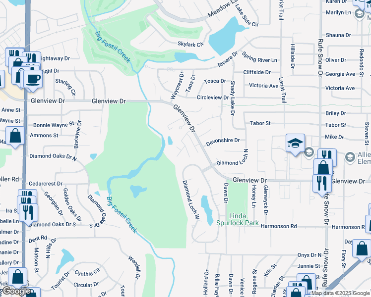 map of restaurants, bars, coffee shops, grocery stores, and more near 6256 Glenview Drive in North Richland Hills