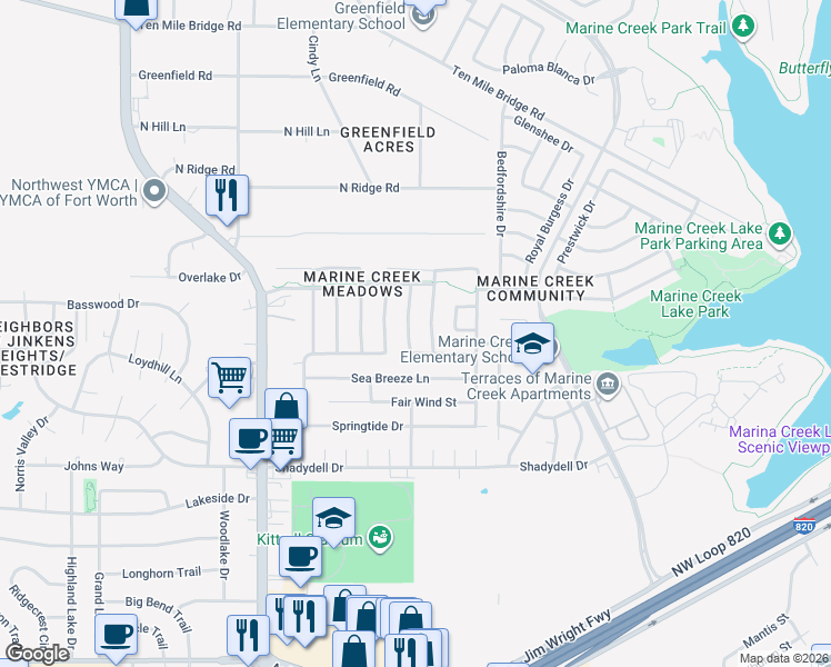 map of restaurants, bars, coffee shops, grocery stores, and more near 4909 Portview Drive in Fort Worth