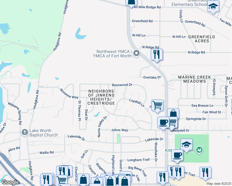 map of restaurants, bars, coffee shops, grocery stores, and more near 4901 Jamesway Road in Fort Worth