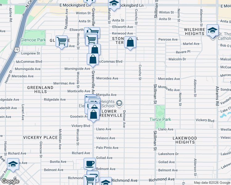 map of restaurants, bars, coffee shops, grocery stores, and more near 5832 Marquita Avenue in Dallas