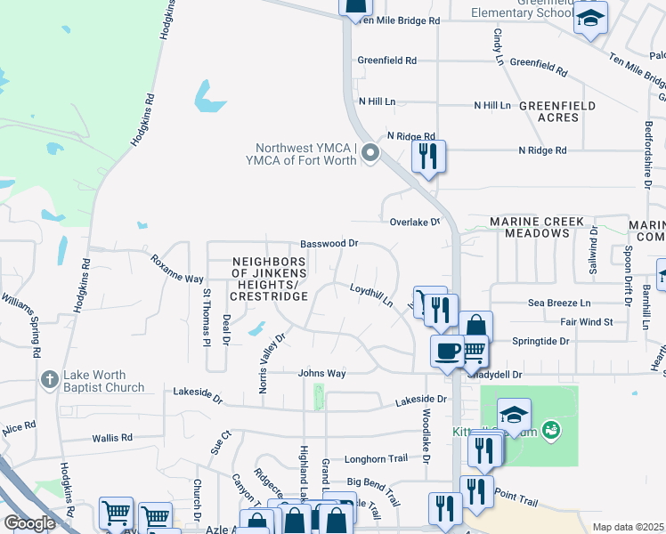 map of restaurants, bars, coffee shops, grocery stores, and more near 4905 Jamesway Road in Fort Worth