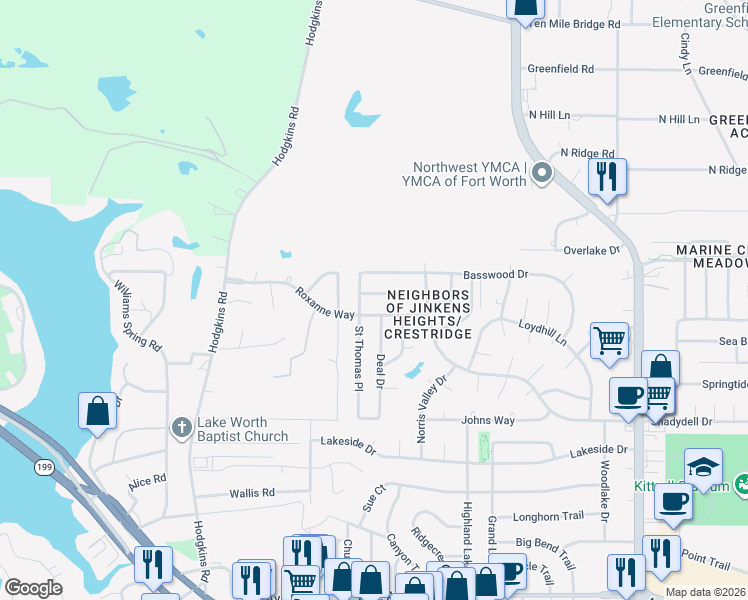 map of restaurants, bars, coffee shops, grocery stores, and more near 6717 Rhea Ridge Drive in Fort Worth