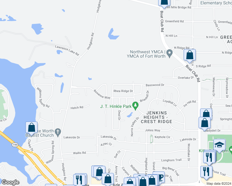 map of restaurants, bars, coffee shops, grocery stores, and more near 6721 Rhea Ridge Drive in Fort Worth