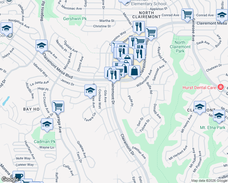 map of restaurants, bars, coffee shops, grocery stores, and more near 4557 Clairemont Drive in San Diego