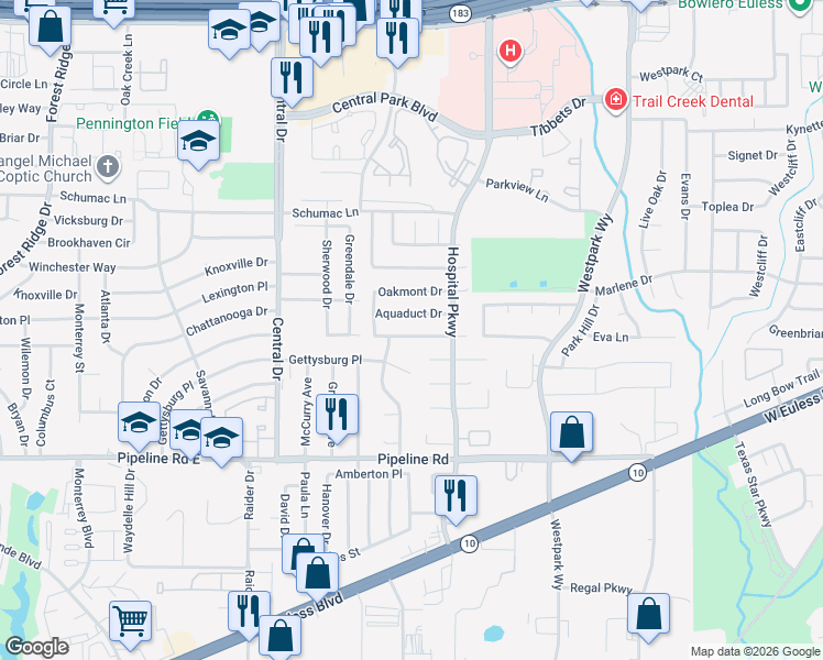 map of restaurants, bars, coffee shops, grocery stores, and more near 2337 Dalewood Lane in Bedford