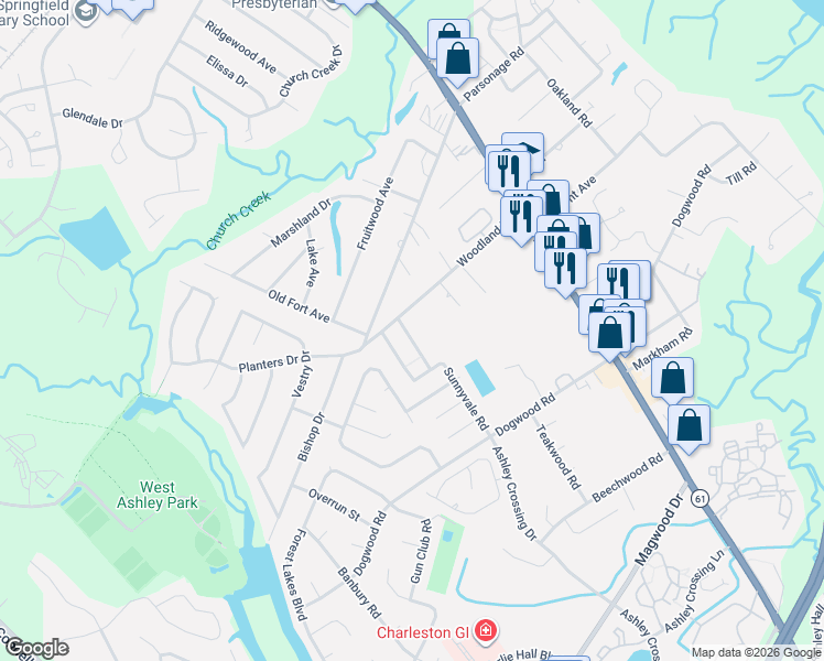 map of restaurants, bars, coffee shops, grocery stores, and more near 2021 Maybelles Lane in Charleston
