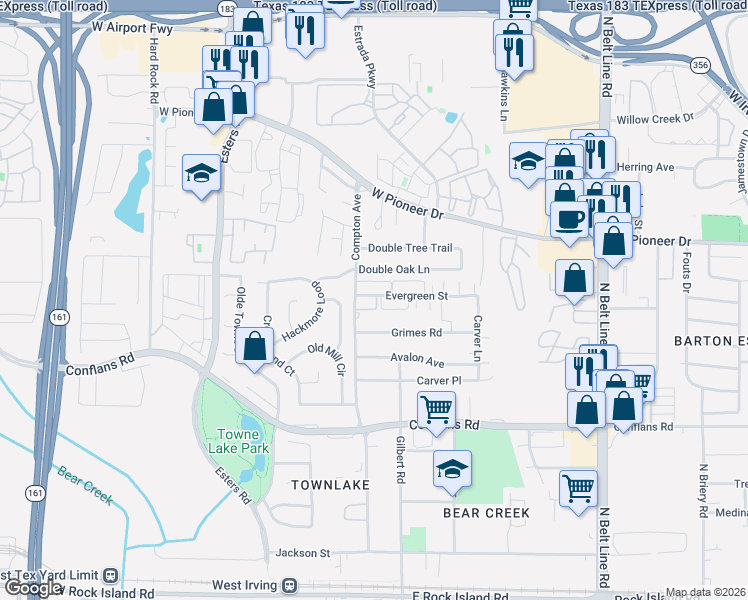 map of restaurants, bars, coffee shops, grocery stores, and more near 4040 Evergreen Street in Irving