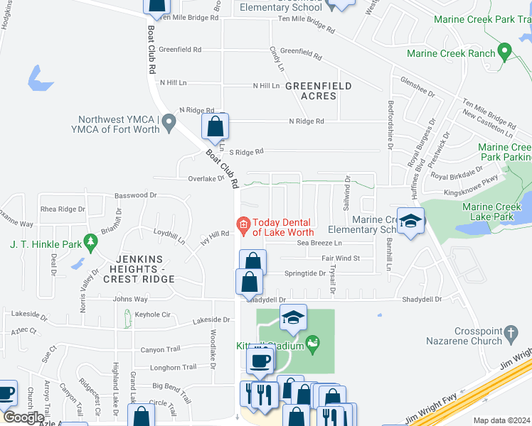 map of restaurants, bars, coffee shops, grocery stores, and more near 4917 Marineway Drive in Fort Worth