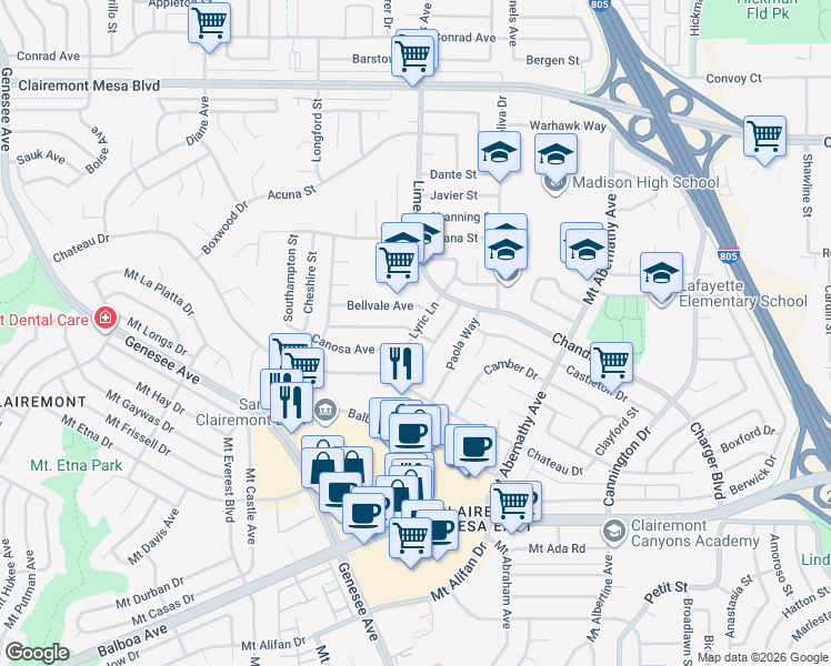 map of restaurants, bars, coffee shops, grocery stores, and more near Lyric Ln & Bowden Ave in San Diego
