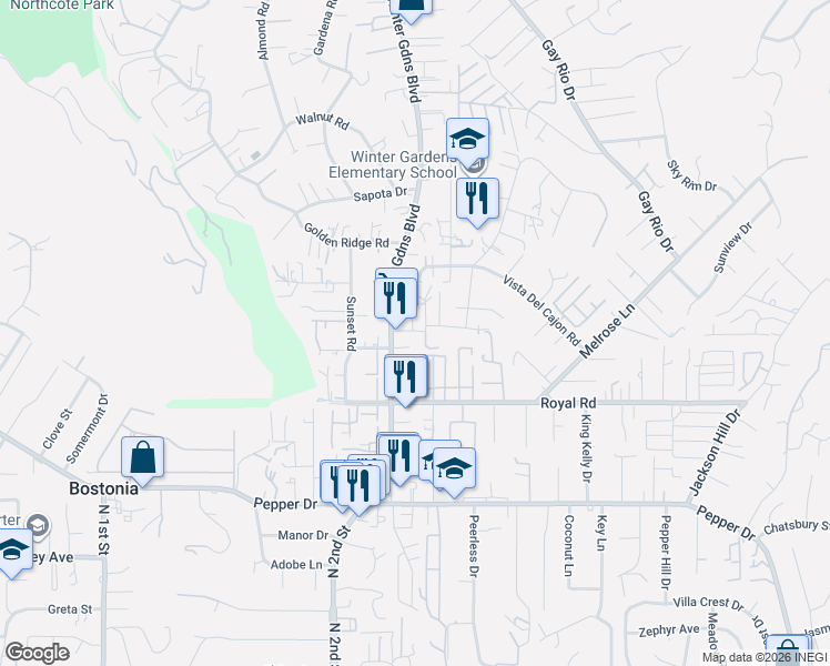 map of restaurants, bars, coffee shops, grocery stores, and more near in Winter Gardens