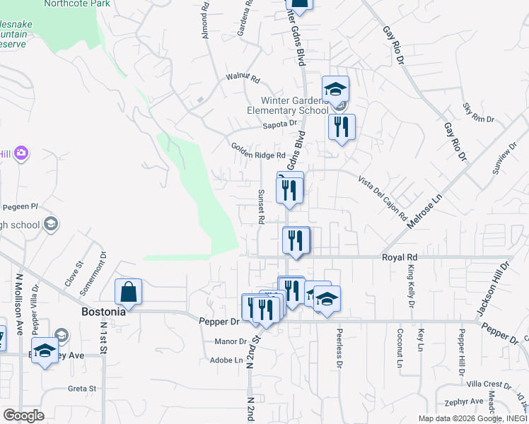 map of restaurants, bars, coffee shops, grocery stores, and more near 8174 Sunset Road in Lakeside