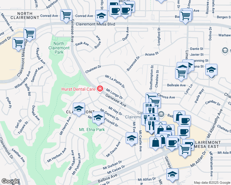 map of restaurants, bars, coffee shops, grocery stores, and more near 4817 Mount Longs Drive in San Diego