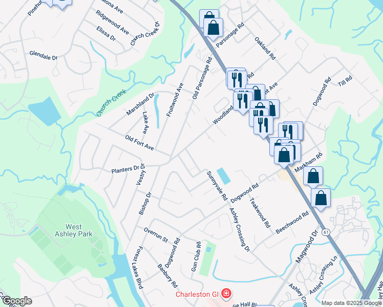 map of restaurants, bars, coffee shops, grocery stores, and more near 2021 Maybelles Lane in Charleston