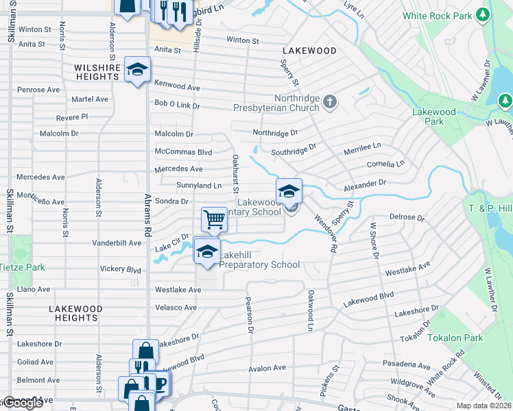 map of restaurants, bars, coffee shops, grocery stores, and more near 6713 Vanderbilt Avenue in Dallas