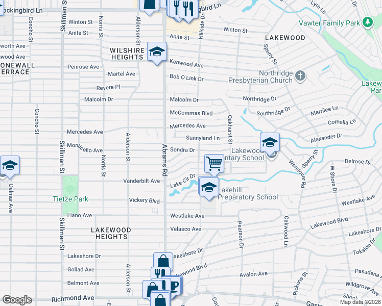 map of restaurants, bars, coffee shops, grocery stores, and more near 6503 Vanderbilt Avenue in Dallas
