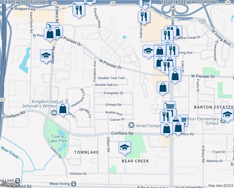 map of restaurants, bars, coffee shops, grocery stores, and more near 3908 Evergreen Street in Irving