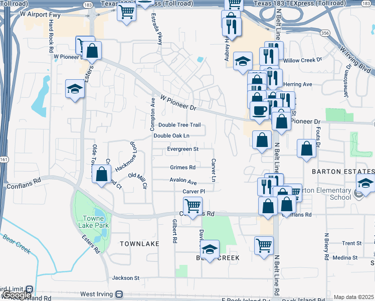 map of restaurants, bars, coffee shops, grocery stores, and more near 3908 Evergreen Street in Irving
