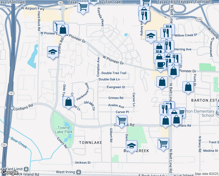 map of restaurants, bars, coffee shops, grocery stores, and more near 3908 Evergreen Street in Irving