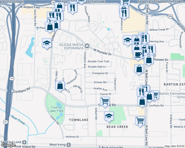 map of restaurants, bars, coffee shops, grocery stores, and more near 4014 Evergreen Street in Irving