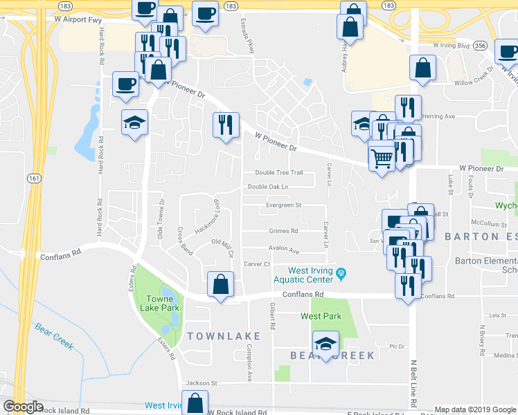 map of restaurants, bars, coffee shops, grocery stores, and more near 4014 Evergreen Street in Irving