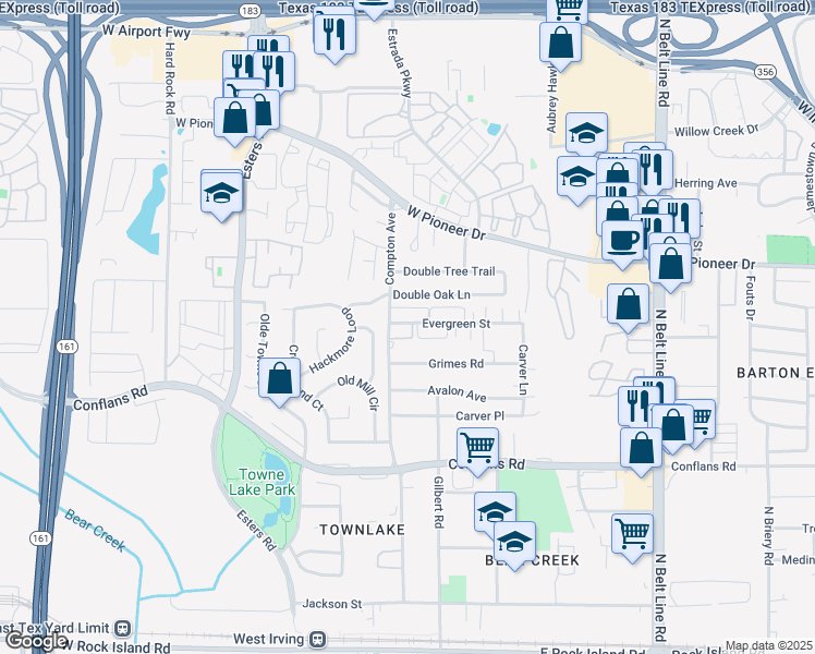map of restaurants, bars, coffee shops, grocery stores, and more near 4048 Evergreen Street in Irving