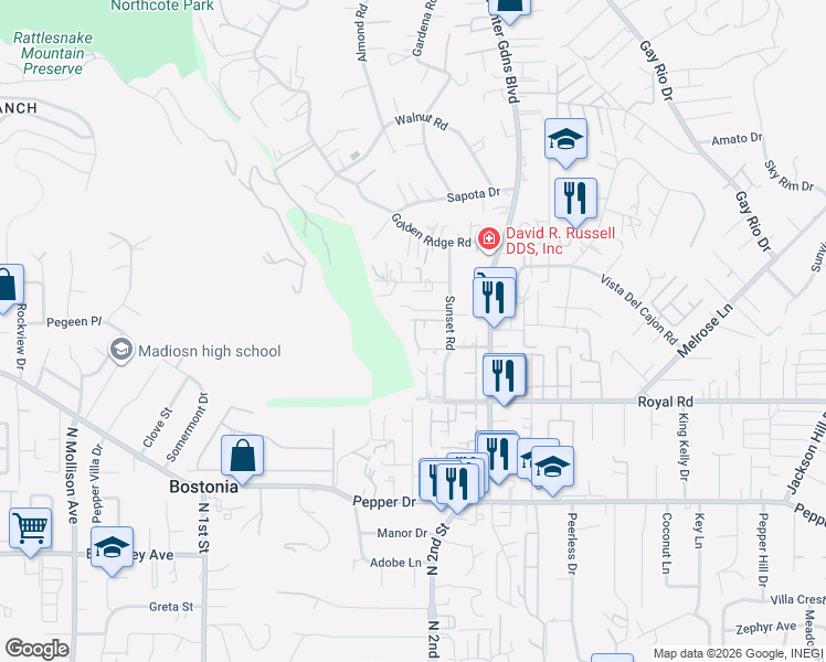 map of restaurants, bars, coffee shops, grocery stores, and more near 11825 Taia Lane in Lakeside