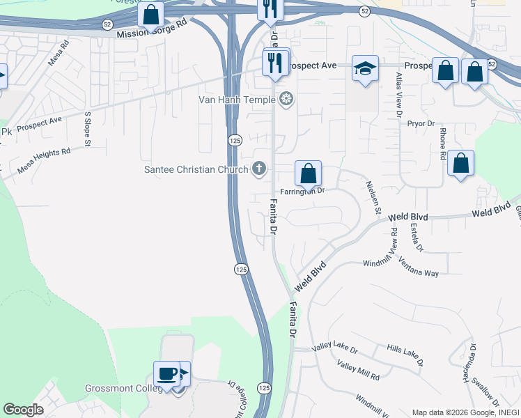 map of restaurants, bars, coffee shops, grocery stores, and more near 9031 Fanita Rancho Road in Santee